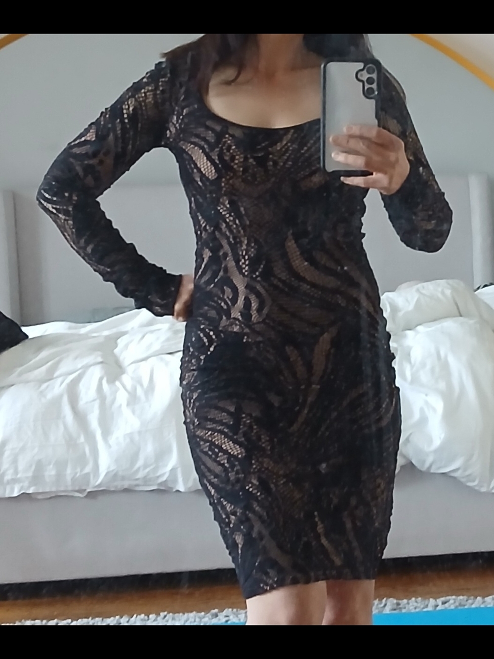 BCBGMaxAzria Black Lace Long Sleeve Sheath Dress with Nude Underlay